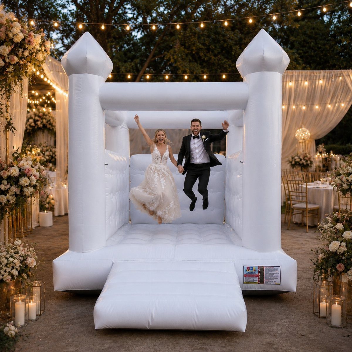 Bride and groom jumping in a white bouncy castle at an outdoor wedding reception