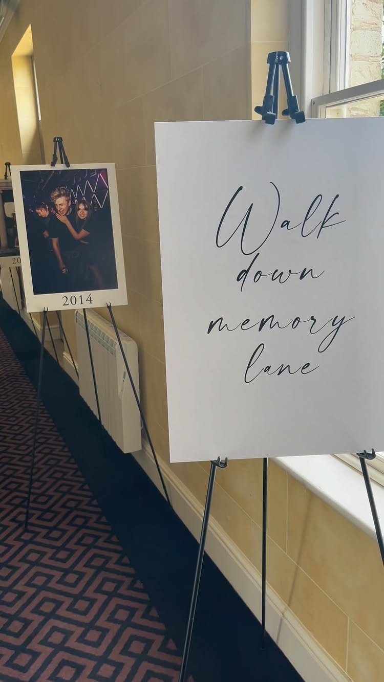 Memory lane display with a sign and a dated photo on tripods.