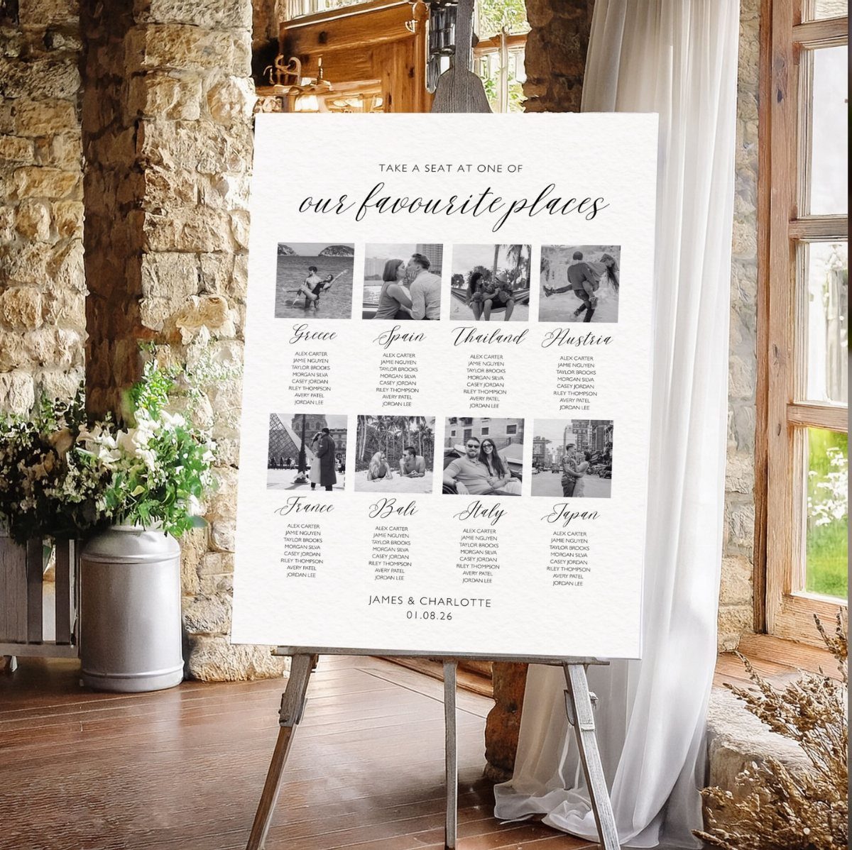 Seating chart on an easel featuring photos of travel destinations as table names.