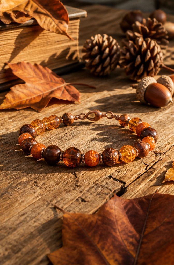 20 Handmade Jewelry Tutorials for Bracelets We Love 6 Autumn Wonder Bracelet on a rustic wooden table with fall leaves.