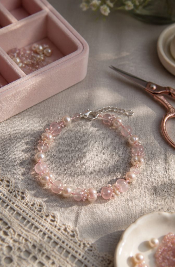 20 Handmade Jewelry Tutorials for Bracelets We Love 1 Blush & Bubbles Bracelet with pink seed beads and pearls on a linen surface.