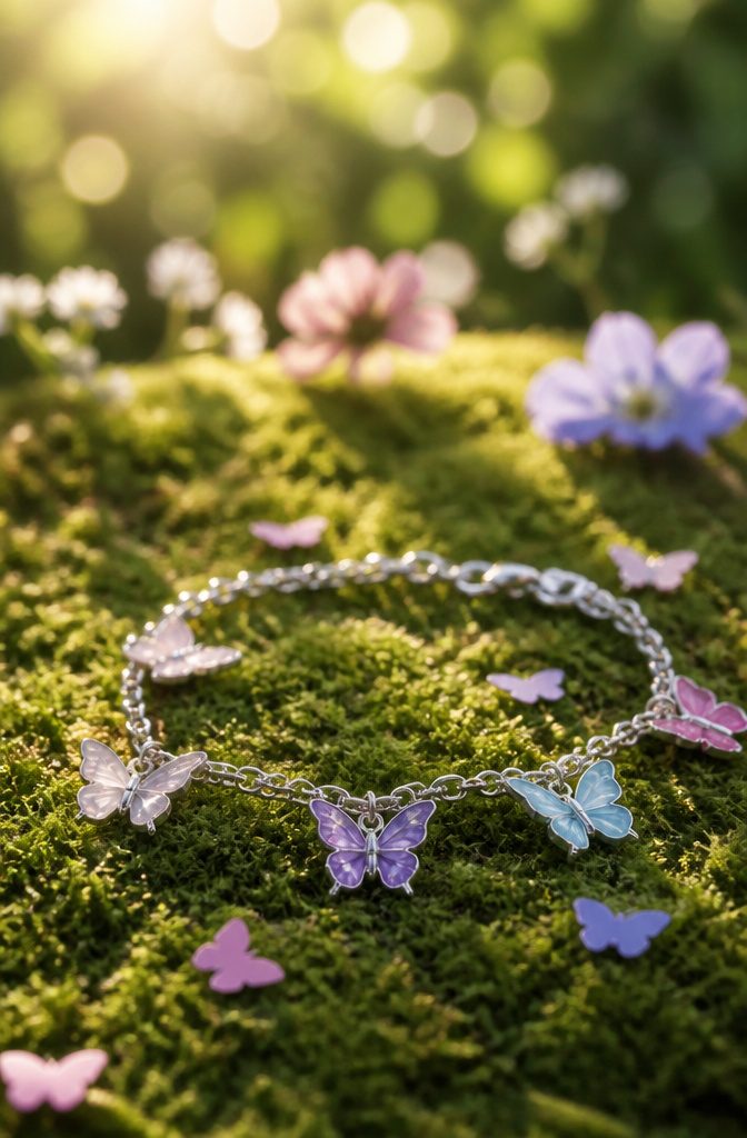 20 Handmade Jewelry Tutorials for Bracelets We Love 12 Butterfly Charm Bracelets on a grass-covered surface.
