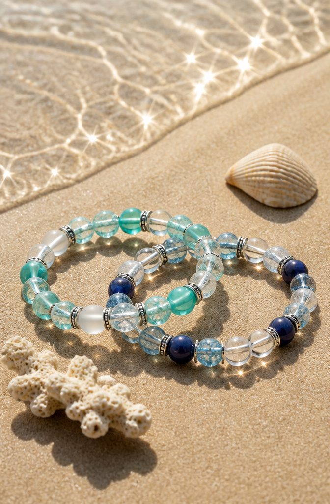 20 Handmade Jewelry Tutorials for Bracelets We Love 13 Crystal Cove Bracelets on a sandy surface.