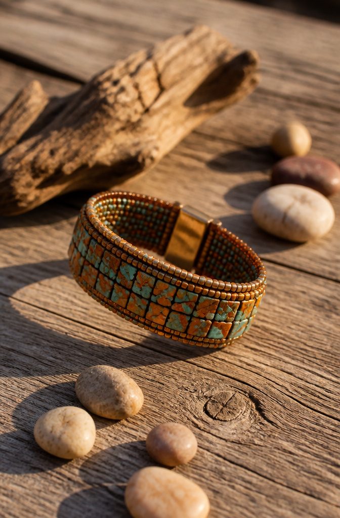 20 Handmade Jewelry Tutorials for Bracelets We Love 3 Desert Mosaic Bracelet with flat tile beads on a wooden surface.
