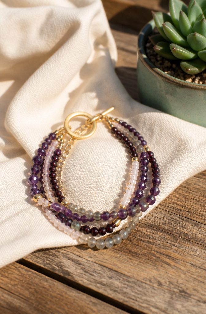 20 Handmade Jewelry Tutorials for Bracelets We Love 4 Gemstone Layered Bracelet displayed on cream fabric and wooden table.