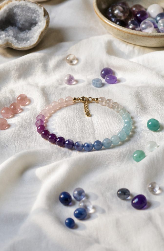 20 Handmade Jewelry Tutorials for Bracelets We Love 14 Gemstone Ombre Bracelet on soft white fabric.
