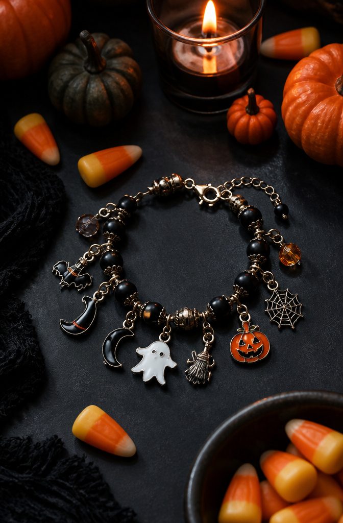 20 Handmade Jewelry Tutorials for Bracelets We Love 15 Halloween Charm Bracelet on a dark textured surface.