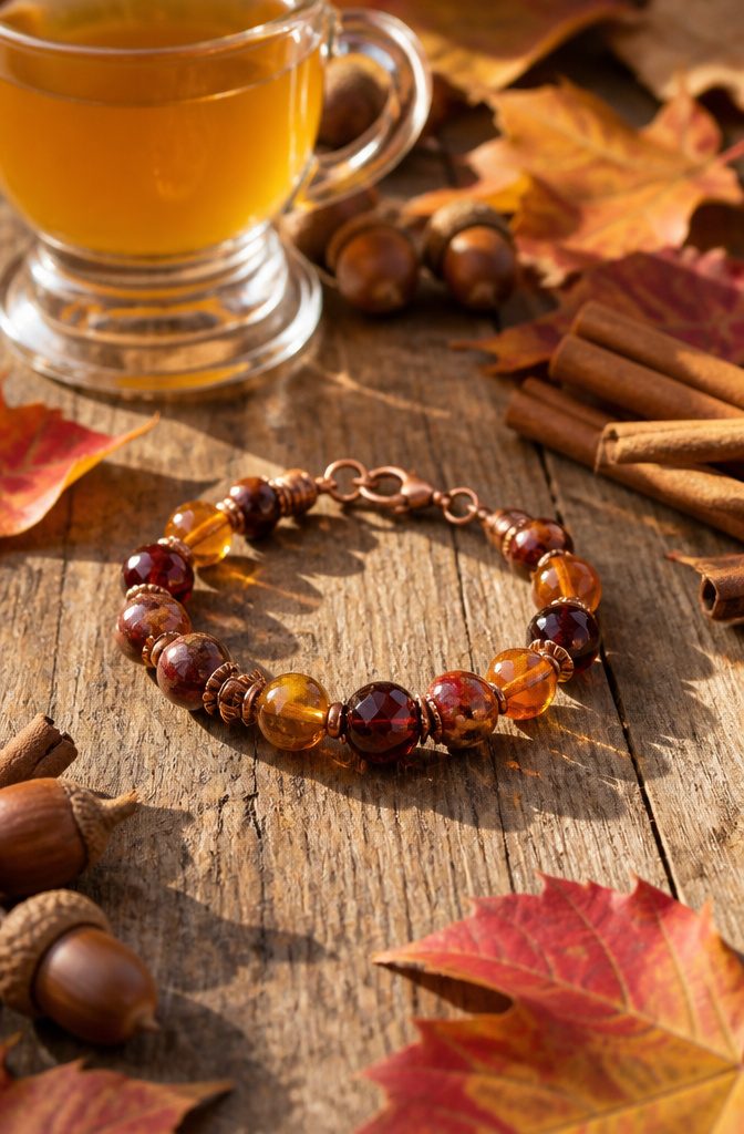 20 Handmade Jewelry Tutorials for Bracelets We Love 16 Harvest Bracelet on a rustic wooden table with autumn leaves.