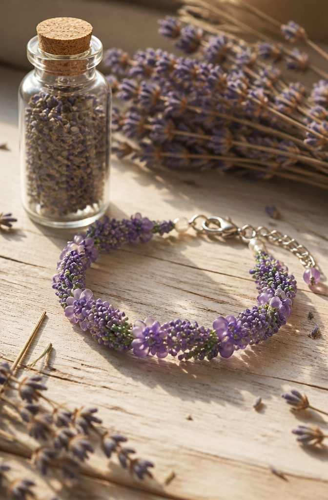 20 Handmade Jewelry Tutorials for Bracelets We Love 2 Lavender Fields Bracelet made of purple seed beads on a wooden table.