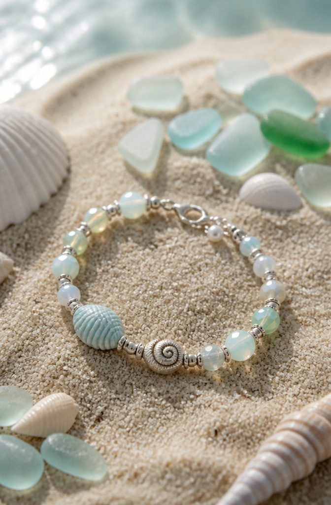 20 Handmade Jewelry Tutorials for Bracelets We Love 17 Mermaid Whispers Bracelet displayed on sand with shells.