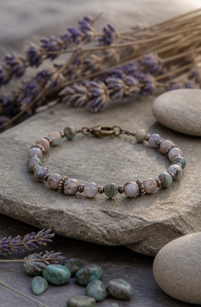 20 Handmade Jewelry Tutorials for Bracelets We Love 20 Misty Heather Bracelet on a textured stone surface.