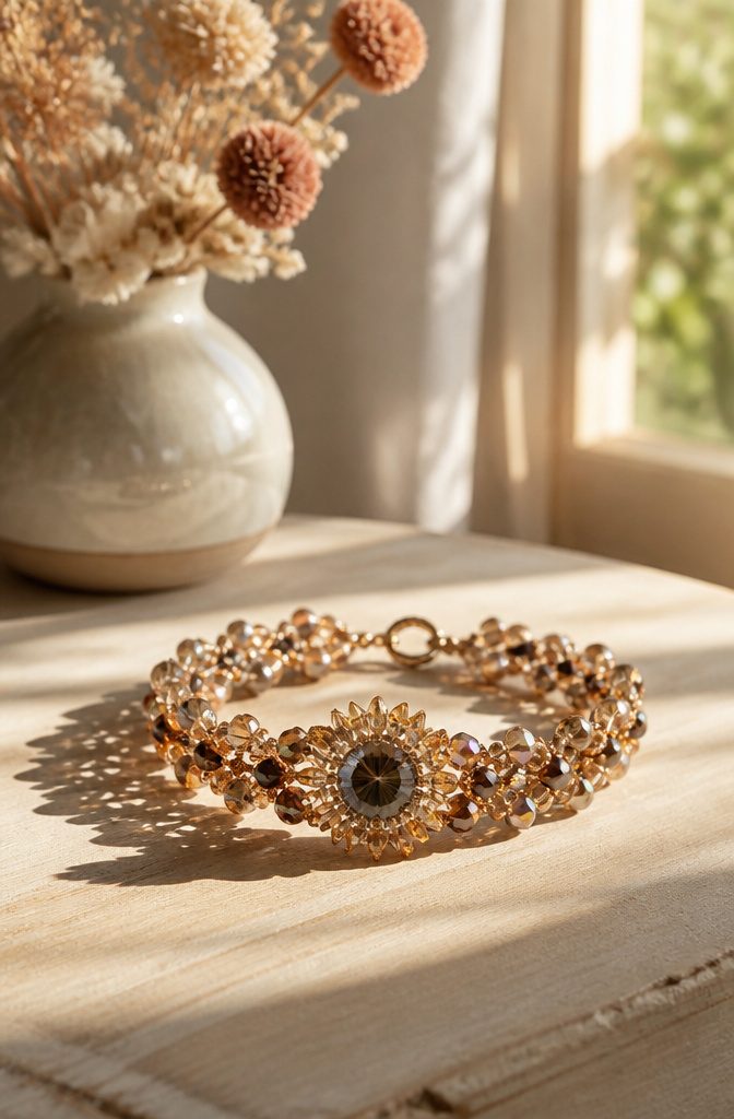 20 Handmade Jewelry Tutorials for Bracelets We Love 7 Sunburst Bracelet on a pale wooden background.