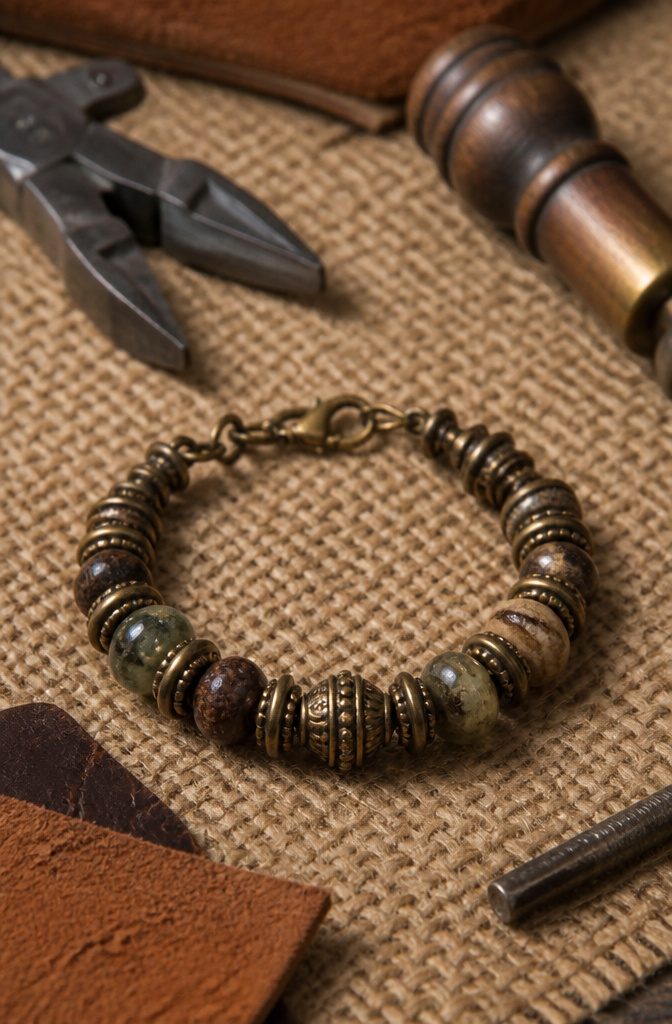 20 Handmade Jewelry Tutorials for Bracelets We Love 8 Vintage Bronze Bracelet on a burlap background with antique tools.