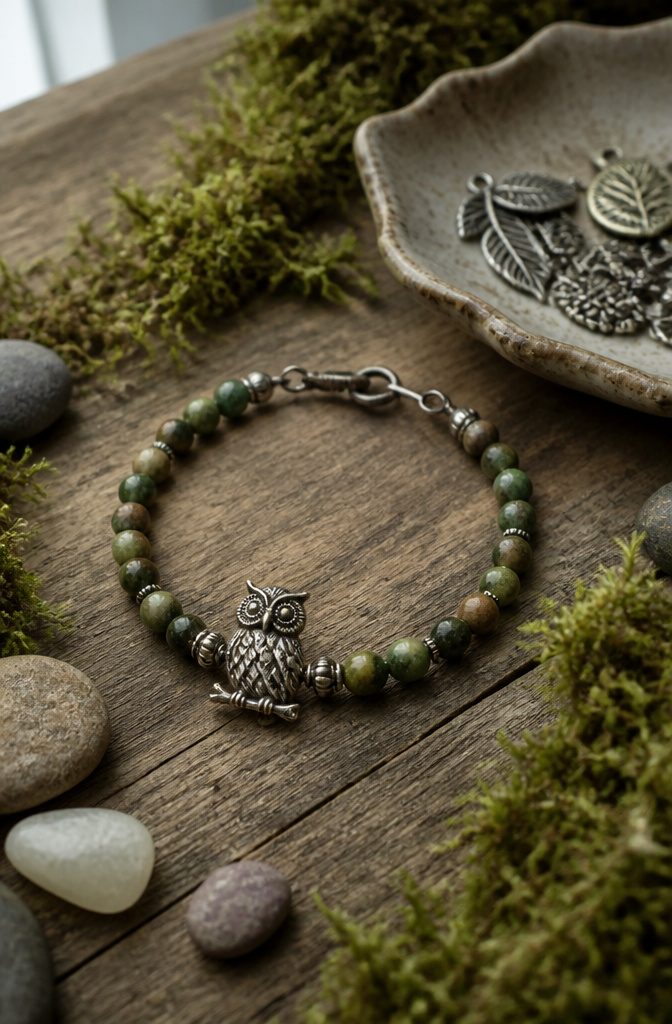 20 Handmade Jewelry Tutorials for Bracelets We Love 9 Woodland Owl Bracelet on a wooden table with moss and stones.