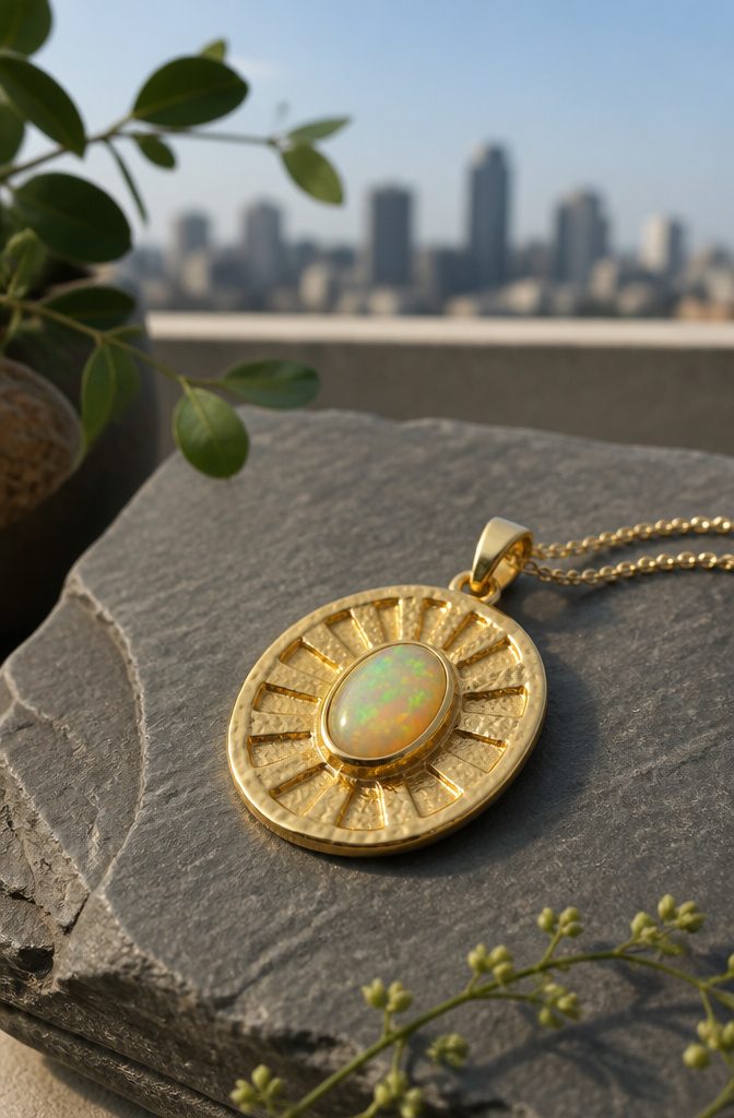 Hispanic Gold Jewelry: Plated, Filled, Solid, and Traditional 5 18K gold medallion pendant featuring a Mexican opal on stone.