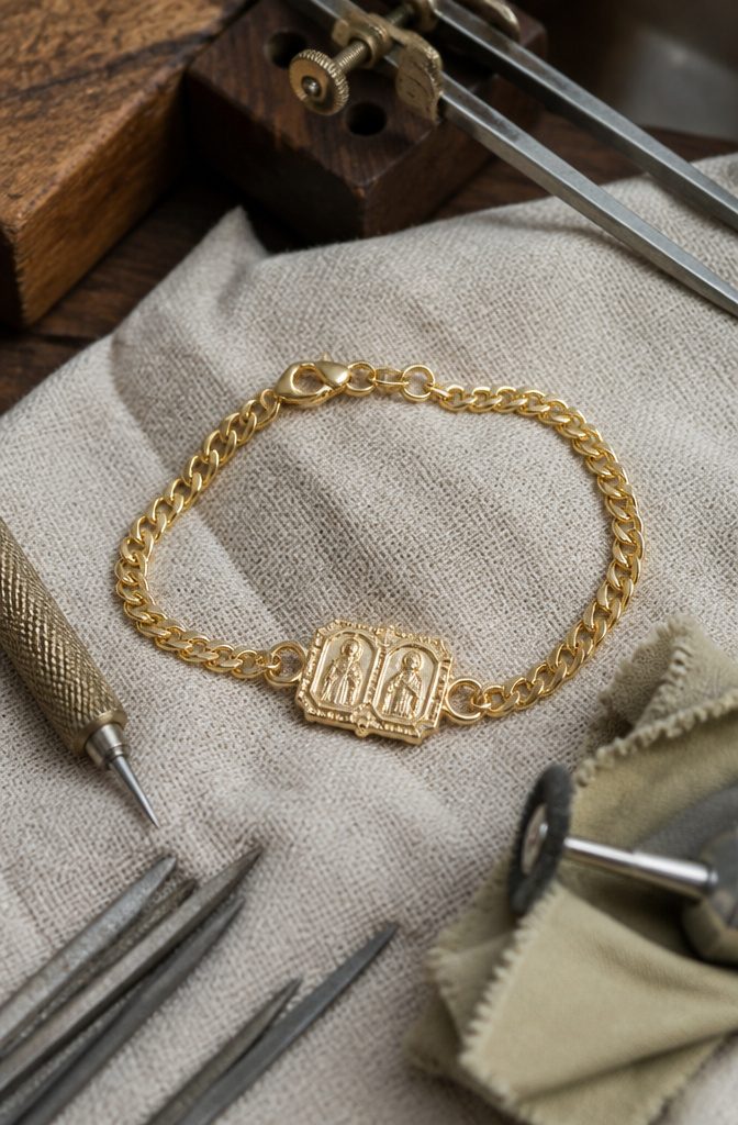 Hispanic Gold Jewelry: Plated, Filled, Solid, and Traditional 2 Gold-filled scapular bracelet displayed on textured fabric.
