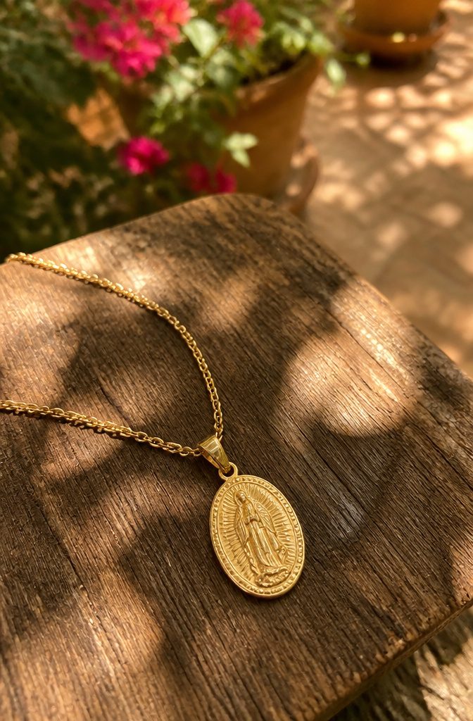 Hispanic Gold Jewelry: Plated, Filled, Solid, and Traditional 1 Close-up of a gold-plated necklace featuring a Guadalupe medal.