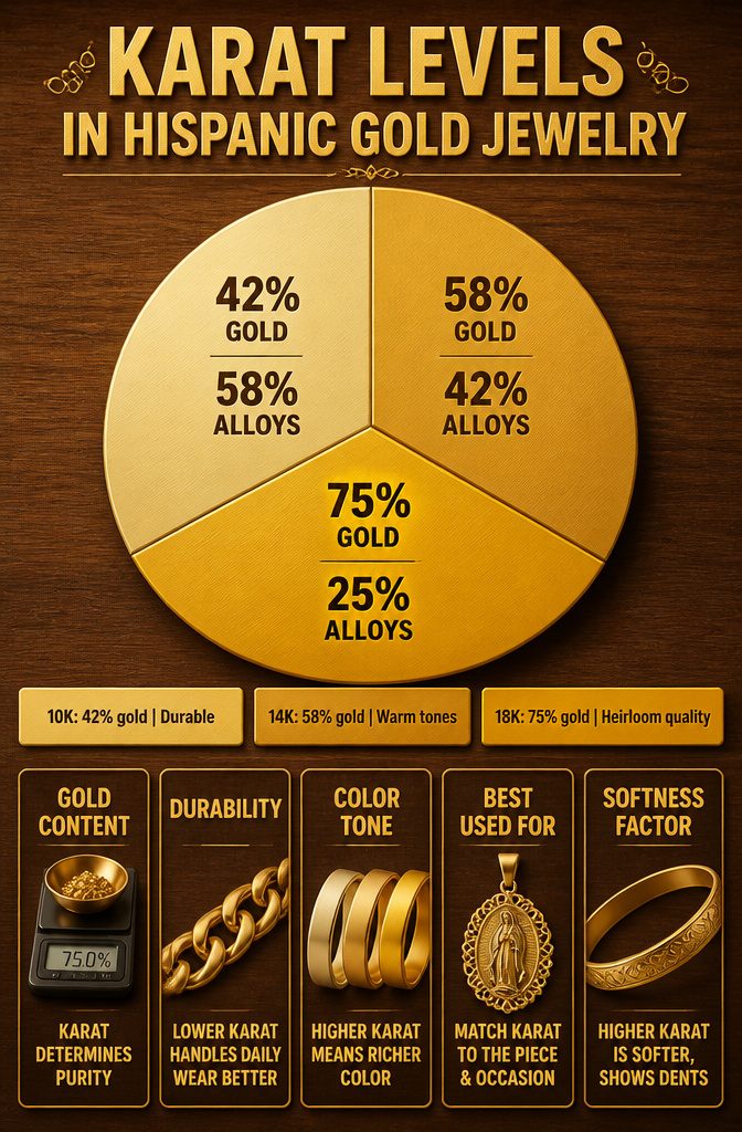 Hispanic Gold Jewelry: Plated, Filled, Solid, and Traditional 8 Information image detailing karat levels in Hispanic gold jewelry.