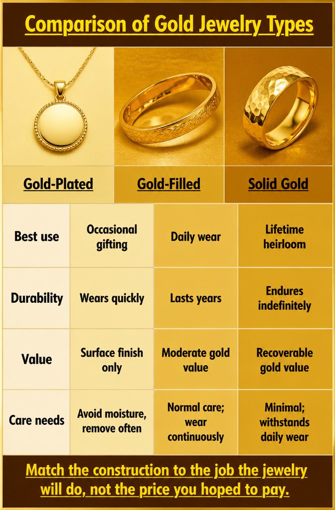 Hispanic Gold Jewelry: Plated, Filled, Solid, and Traditional 9 Image comparing gold-plated, gold-filled, and solid gold jewelry types.