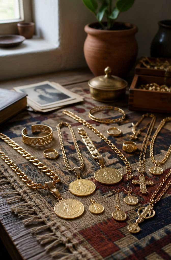 Hispanic Gold Jewelry: Plated, Filled, Solid, and Traditional 7 Various karat gold jewelry displayed on a rustic table.