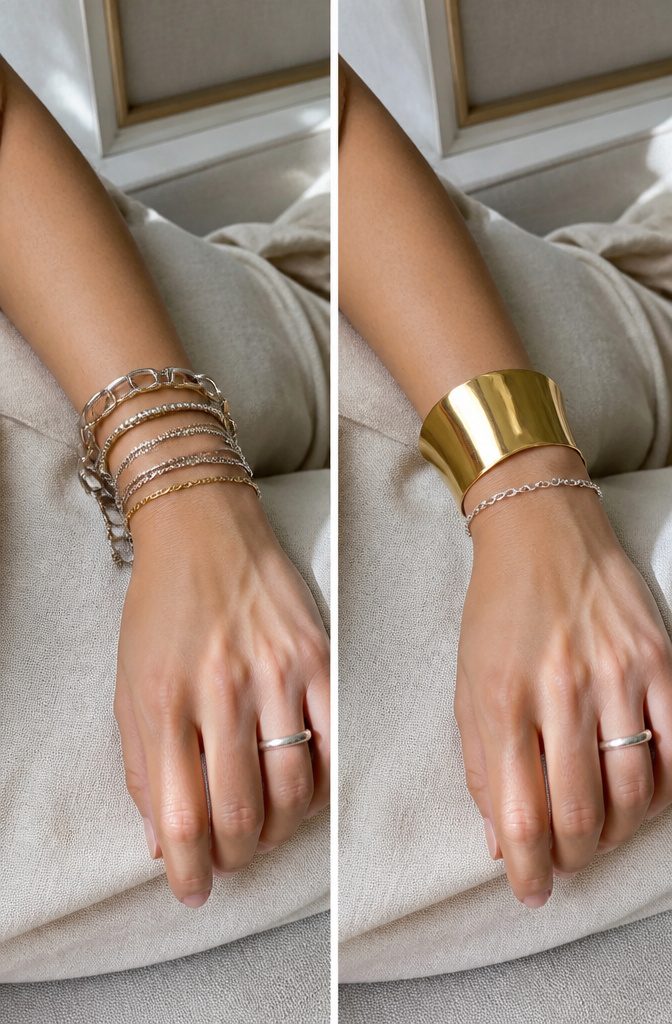 How to Style Silver and Gold Jewelry Together: 6 Mixing Ideas 4 A heavy gold cuff paired with a slim silver chain on a wrist.