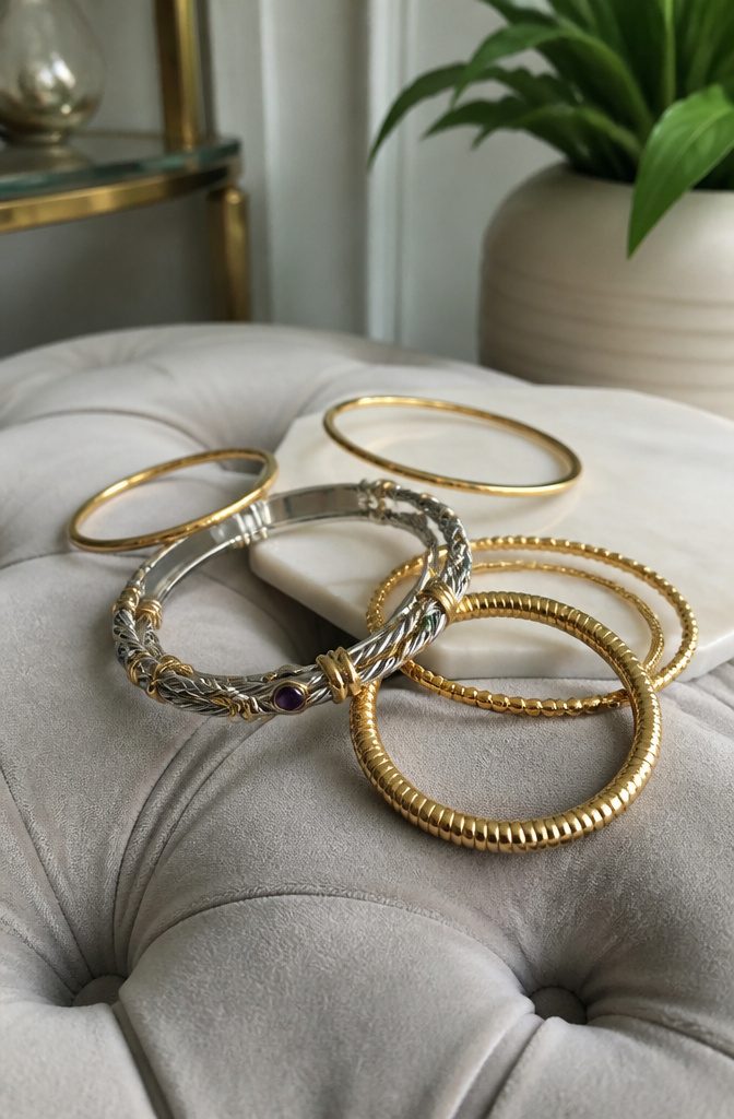 How to Style Silver and Gold Jewelry Together: 6 Mixing Ideas 3 A two-tone bracelet combining twisted silver and gold bands on a velvet surface.