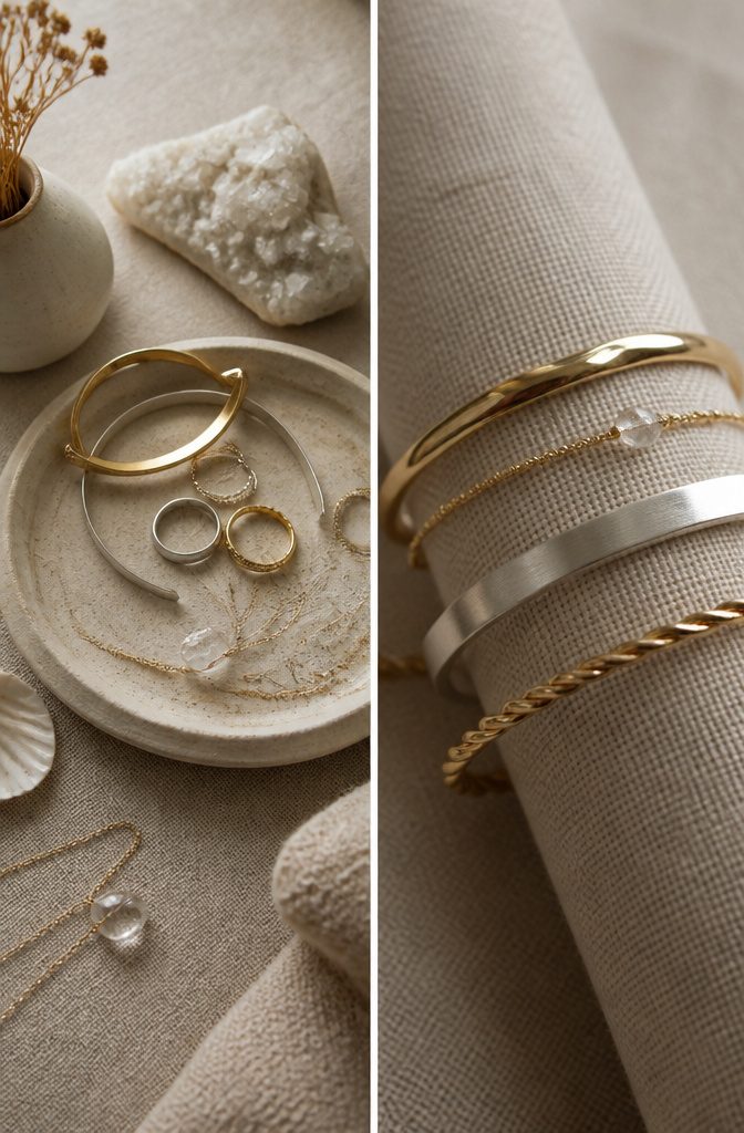 How to Style Silver and Gold Jewelry Together: 6 Mixing Ideas 13 A variety of mixed-metal jewelry pieces displayed with a cohesive style.