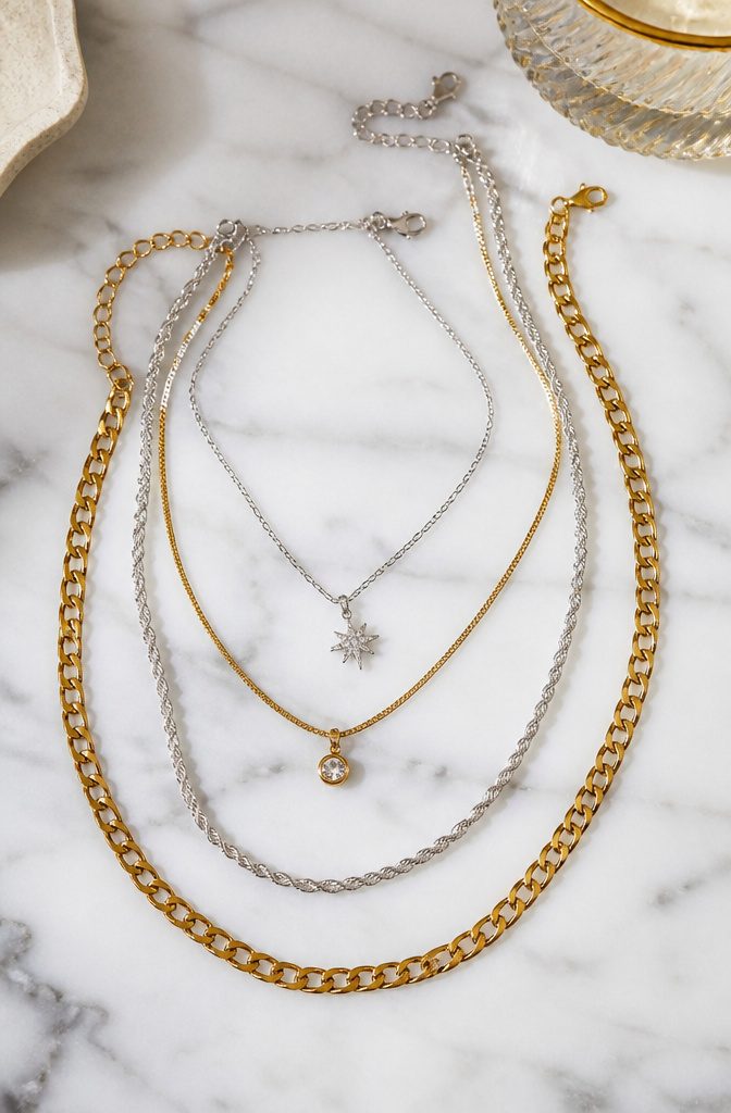 How to Style Silver and Gold Jewelry Together: 6 Mixing Ideas 2 Three layered necklaces featuring silver and gold in different lengths.