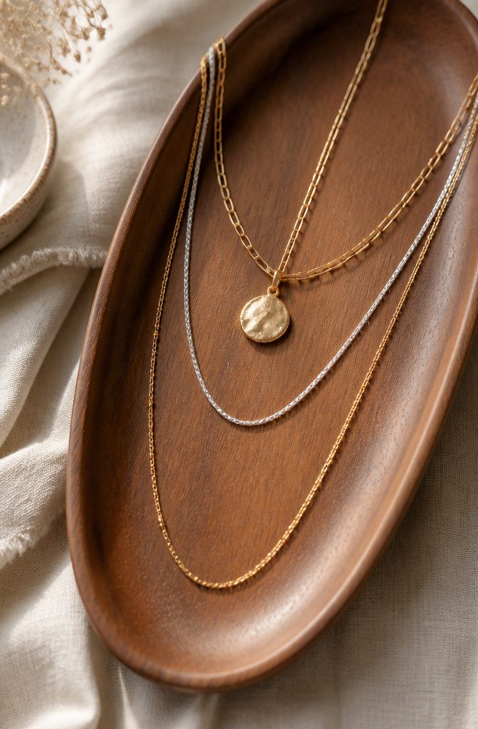 How to Style Silver and Gold Jewelry Together: 6 Mixing Ideas 7 Three layered necklaces with gold and silver chains of varying lengths.