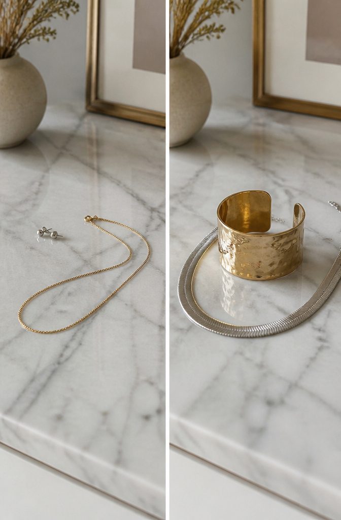 How to Style Silver and Gold Jewelry Together: 6 Mixing Ideas 12 A visual comparison of minimal and statement mixed-metal jewelry.