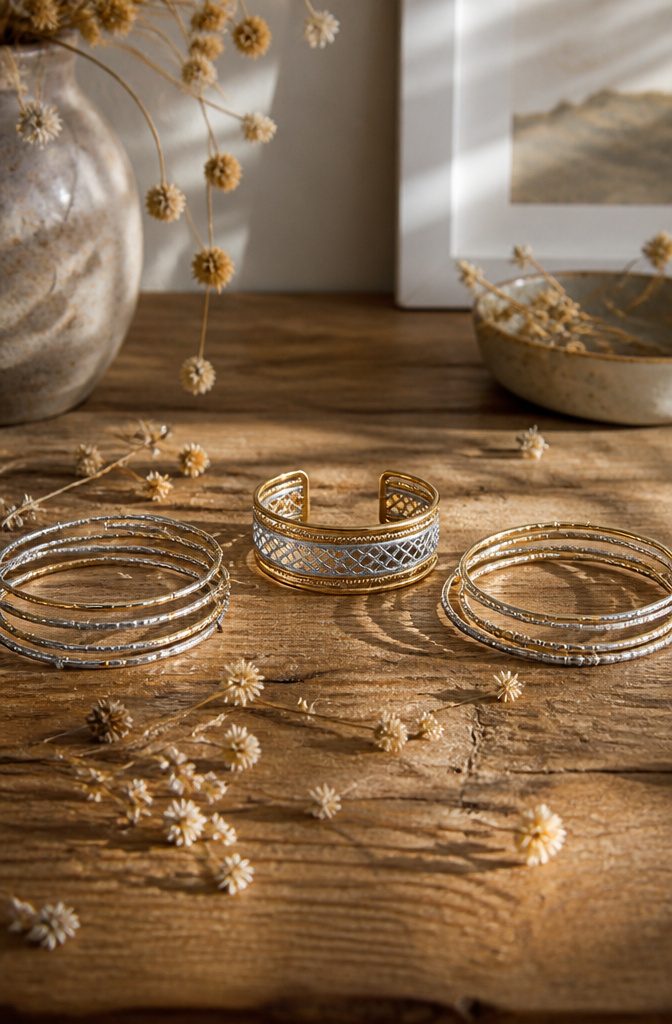 How to Style Silver and Gold Jewelry Together: 6 Mixing Ideas 8 A stack of mixed-metal bracelets on a rustic wooden table.