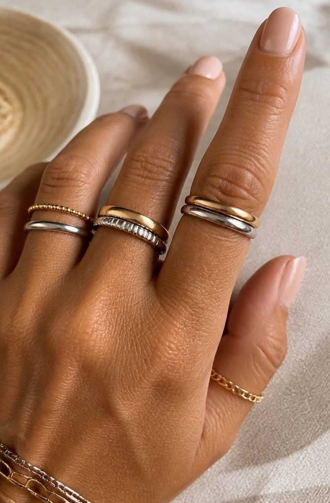 How to Style Silver and Gold Jewelry Together: 6 Mixing Ideas 6 A close-up of a hand displaying mixed-metal rings on multiple fingers.