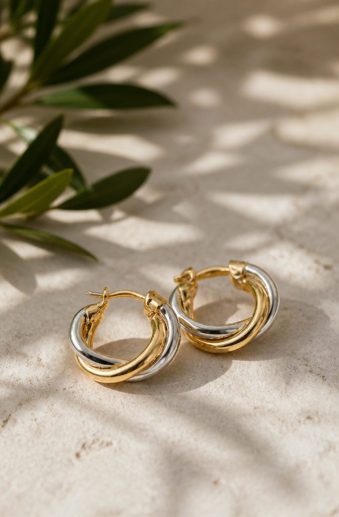 How to Style Silver and Gold Jewelry Together: 6 Mixing Ideas 9 A pair of two-tone earrings displayed against a neutral background.