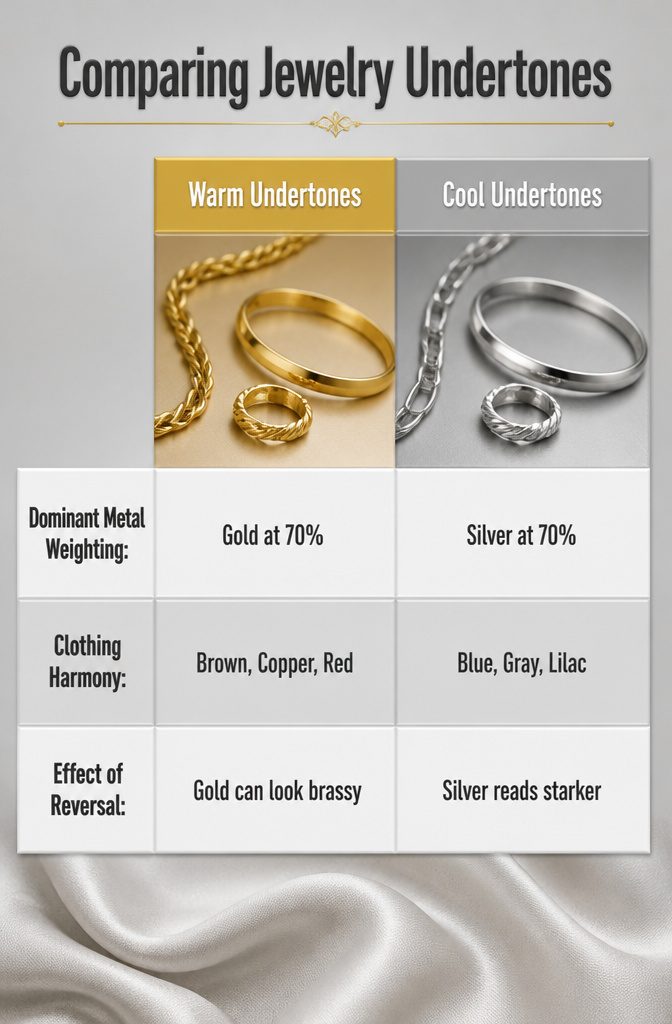 How to Style Silver and Gold Jewelry Together: 6 Mixing Ideas 11 An image comparing jewelry undertones with swatches.