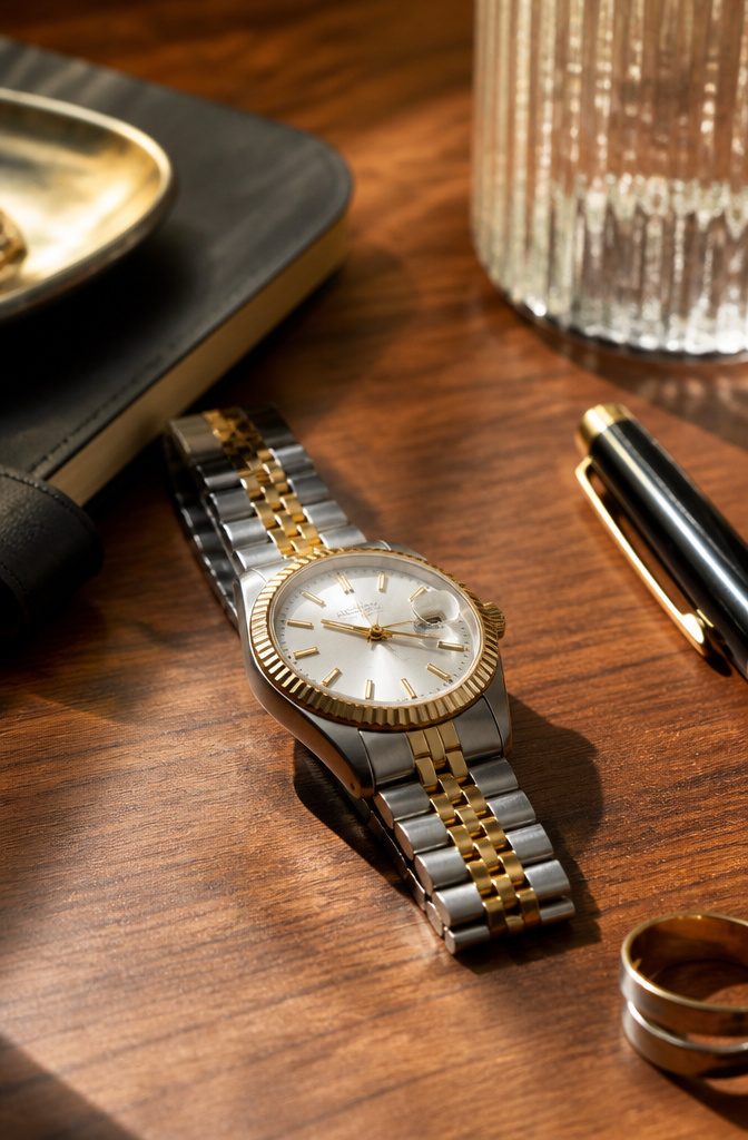 How to Style Silver and Gold Jewelry Together: 6 Mixing Ideas 10 A close-up of a two-tone watch with gold and silver links.