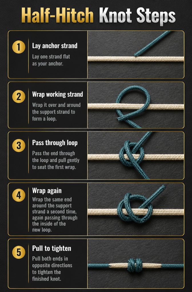 Steps showing how to tie a Half-Hitch Knot.