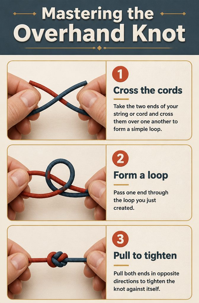 Steps demonstrating how to tie an Overhand Knot.
