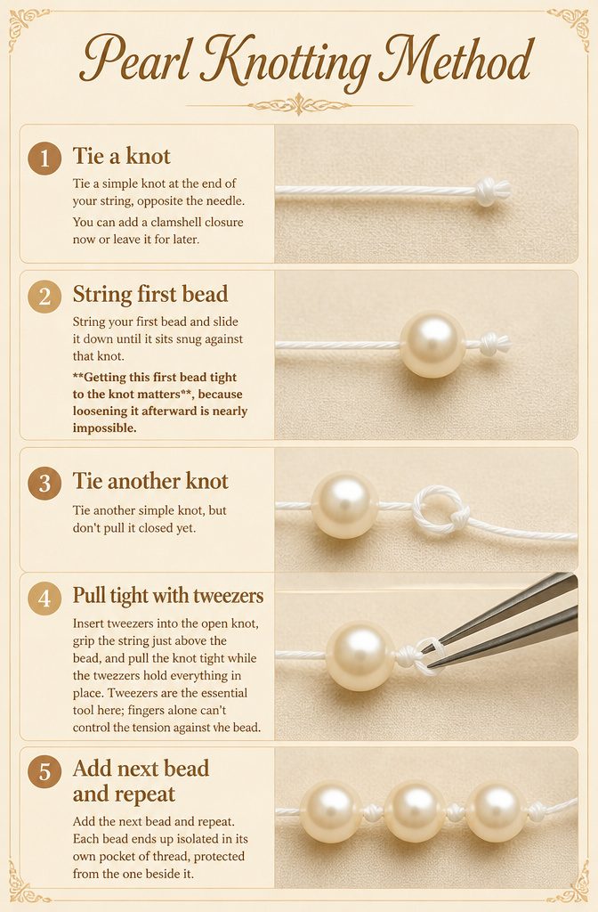 Steps demonstrating the Pearl Knotting Method.