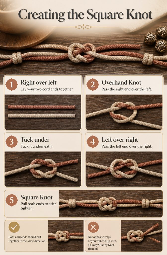 Instructions for creating a Square Knot in jewelry.