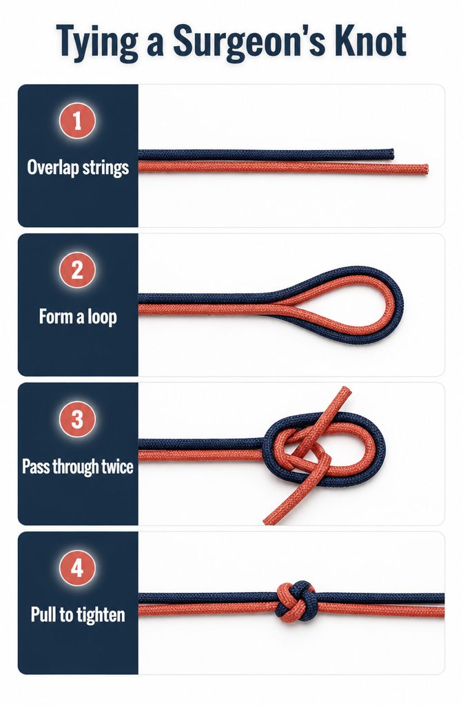 Steps showing how to tie a Surgeon's Knot.