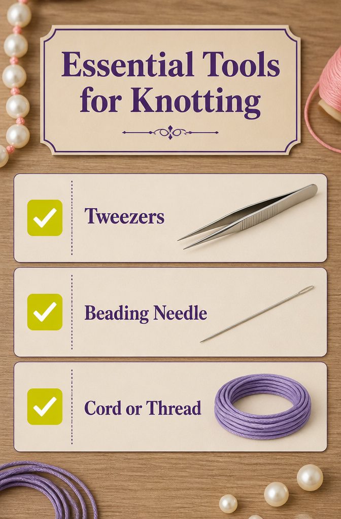 A display of tools required for jewelry knotting.