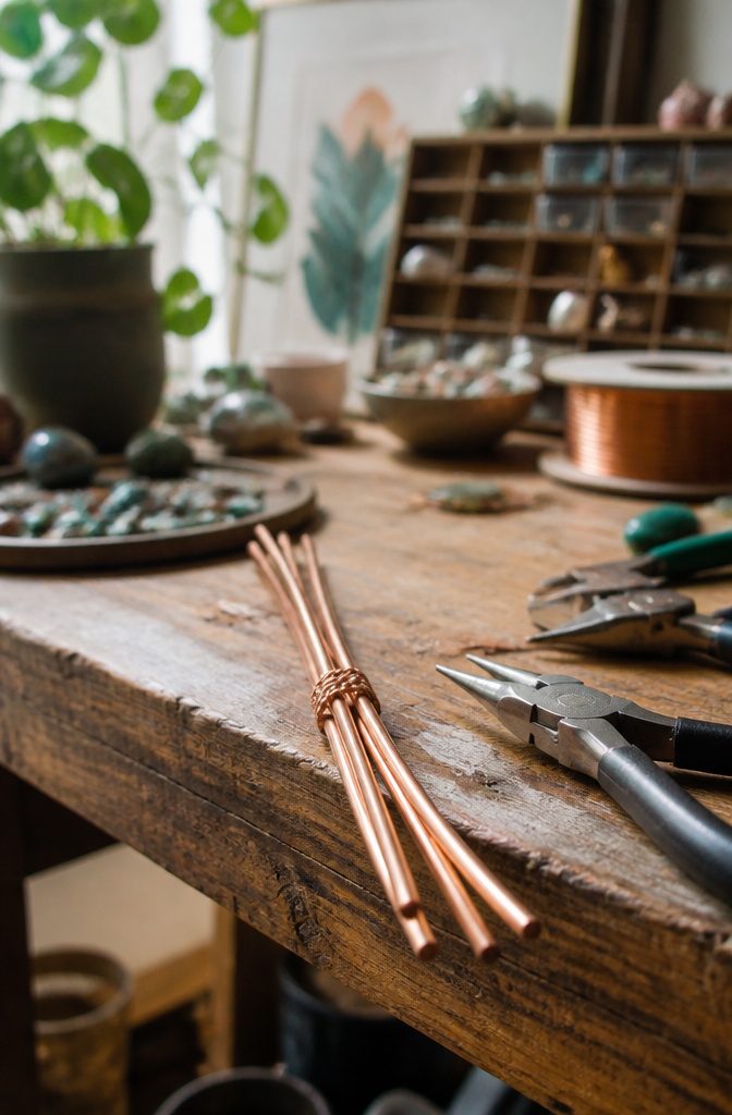 How to Wire Wrap Jewelry: 6 Steps from Wires to Finished Piece 3 Four lengths of round wire and half-round wire on a table.