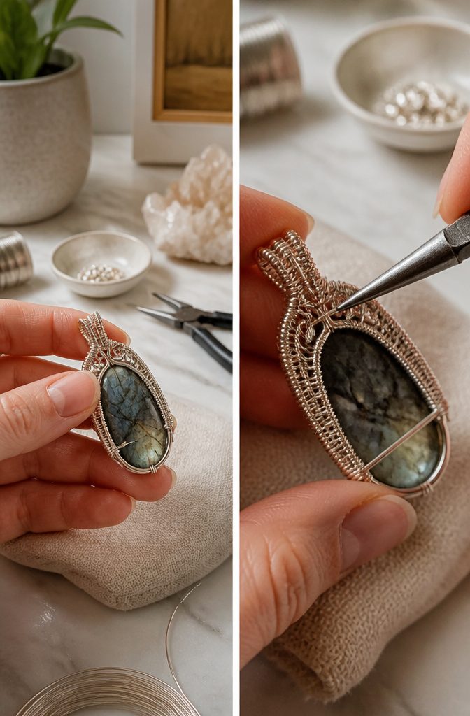 How to Wire Wrap Jewelry: 6 Steps from Wires to Finished Piece 6 A completed wire-wrapped jewelry piece on a white background.