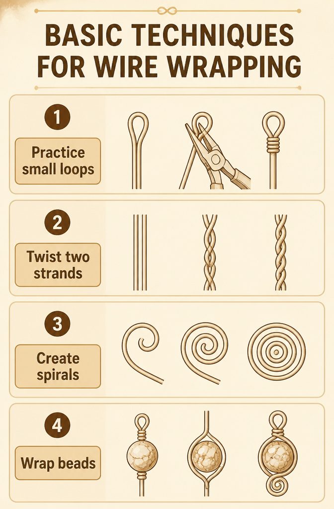 How to Wire Wrap Jewelry: 6 Steps from Wires to Finished Piece 2 Diagram showing small loops and twisting wire shapes for jewelry.