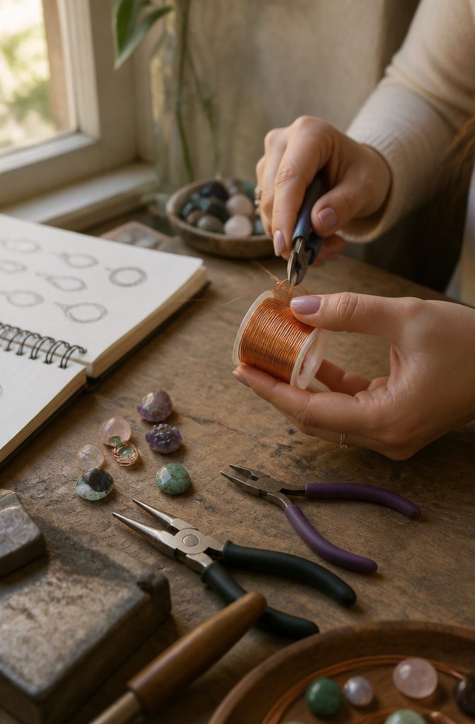 How to Wire Wrap Jewelry: 6 Steps from Wires to Finished Piece 1 A spool of copper wire and tools on a weathered wooden surface.