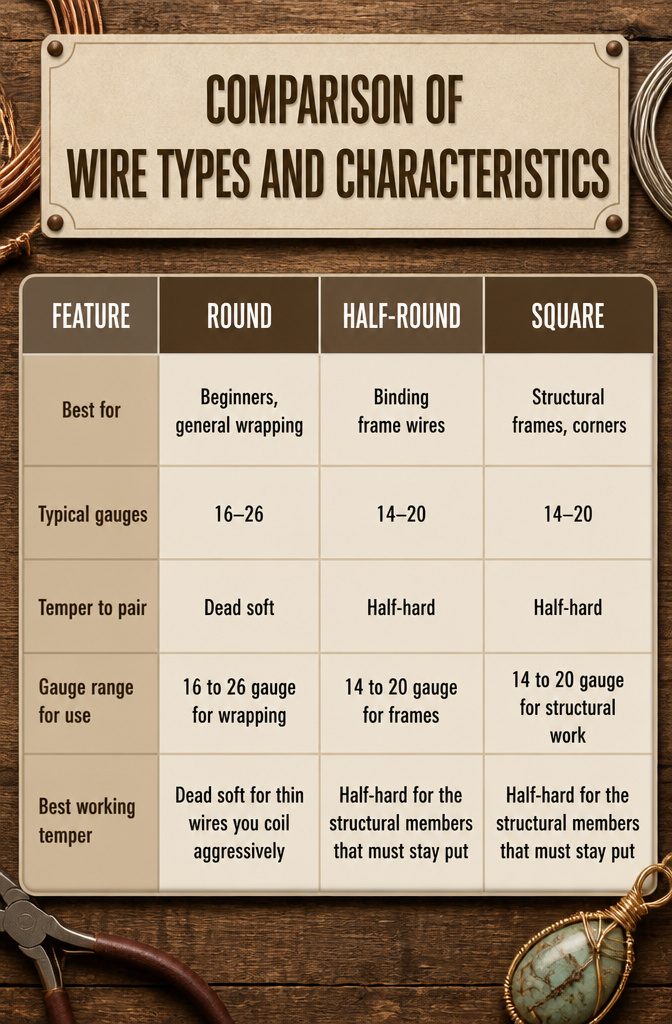 How to Wire Wrap Jewelry: 6 Steps from Wires to Finished Piece 7 Chart showing characteristics of various jewelry wire types.