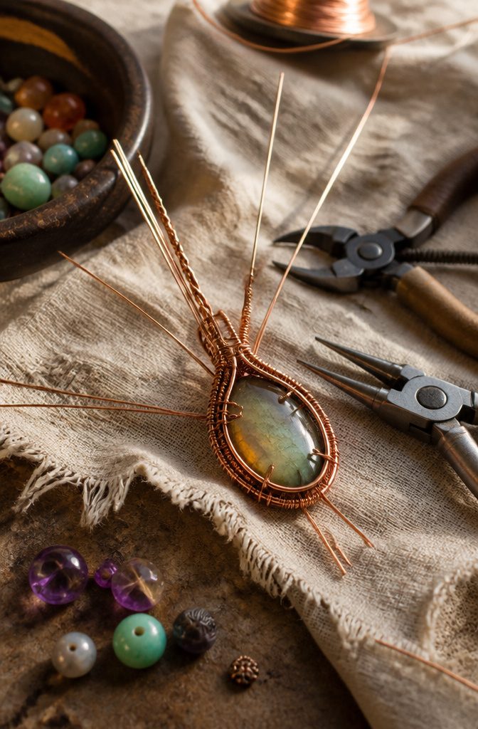 How to Wire Wrap Jewelry: 6 Steps from Wires to Finished Piece 4 Close-up of a wire-wrapped pendant with intricate textures.