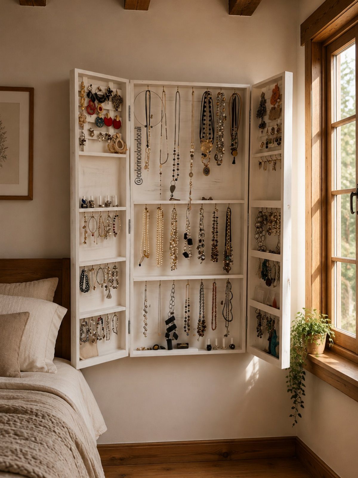 10 Jewellery Holder Ideas for Every Dressing Table 4 White wall-mounted jewelry organizer cabinet filled with necklaces and earrings in a bedroom.