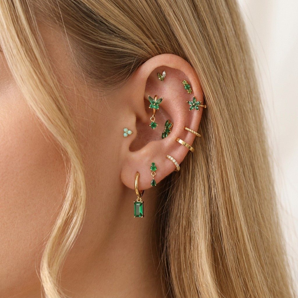 12 Jewelry Stack Inspo Earrings Ideas 4 Ear with multiple gold piercings featuring green emerald gemstones and a butterfly stud.