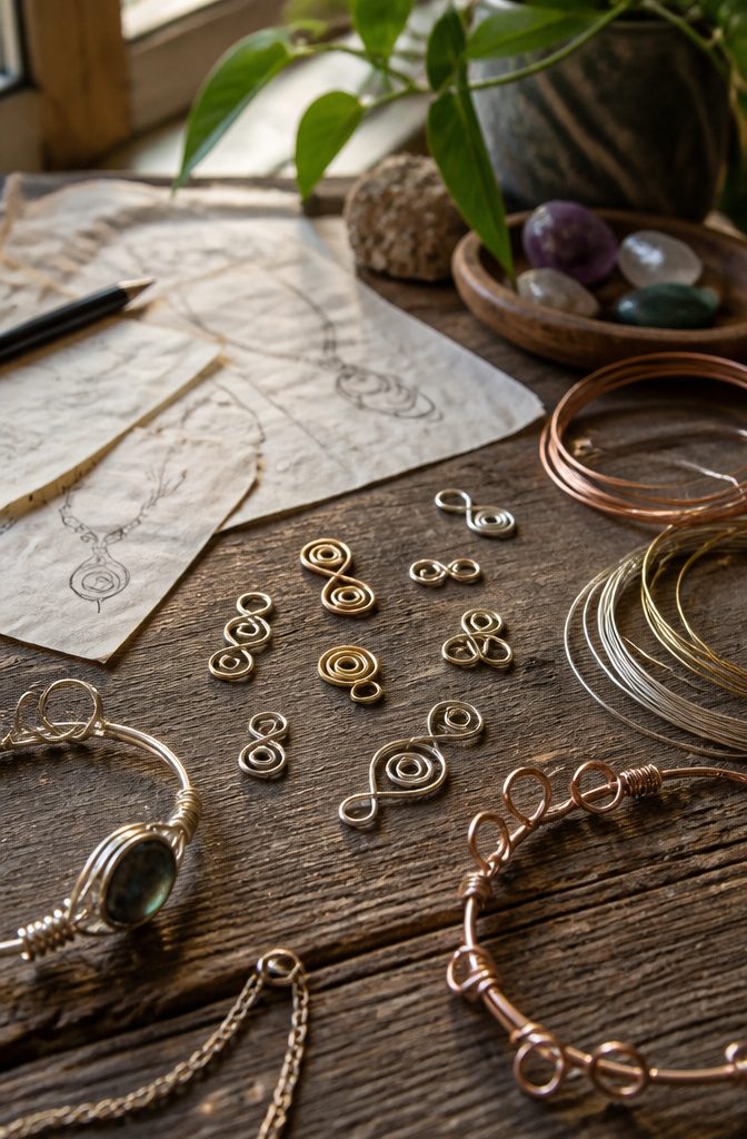 Jewelry Wire Wrapping Techniques: From Base to Finish 6 Decorative loops and unfinished jewelry pieces on a weathered wooden table.